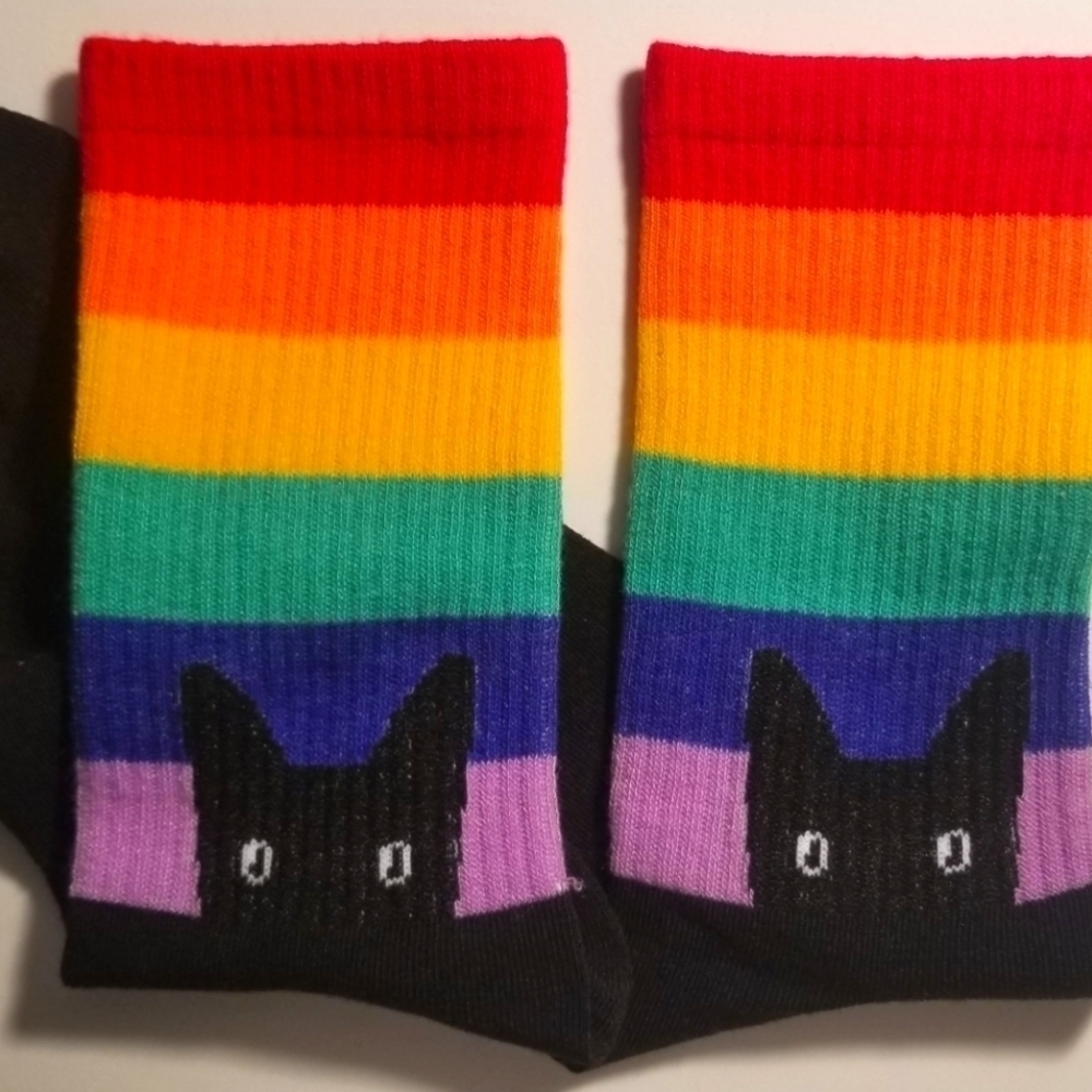 🌈Socks--Rainbow Kitty Socks Black W-Crew socks